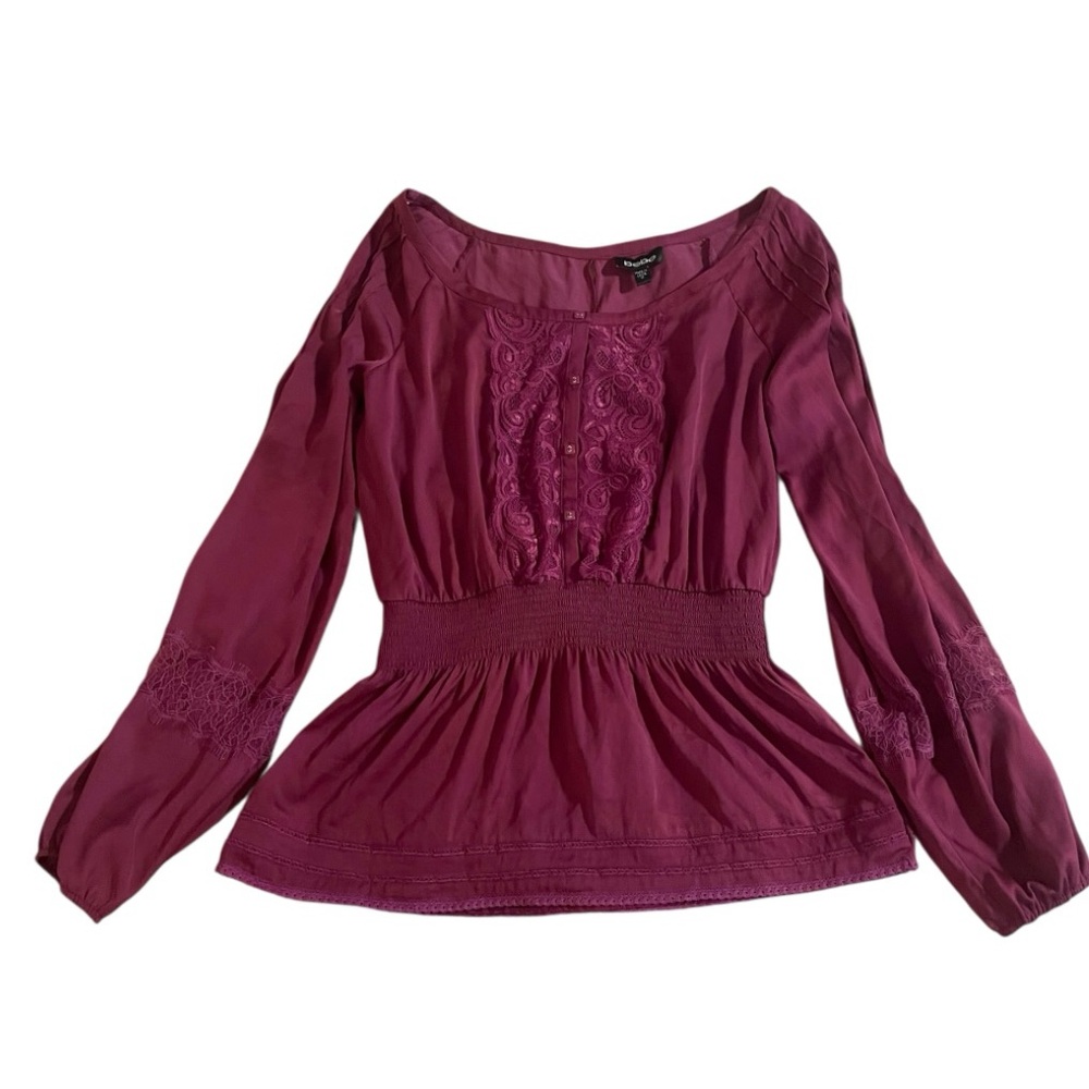 Bebe Purple Long Sleeve Smocked Peplum Blouse - Picture 2 of 11